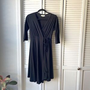Fair Trade Organic Hand Loomed Cotton Lightweight Knit Faux-Wrap Black Dress, M